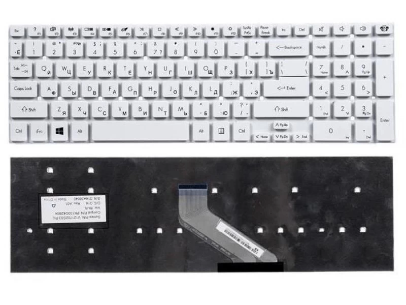 Клавиатура для ноутбука Gateway NV55, NV57, NV75, Packard Bell Easynote LS11, LS13, LS44, LV11, LV44, TS11, TS13, TS44, TS45, TSX62, TSX66, TV11, TV43, TV44, NK.I171S.02C белая, без рамки