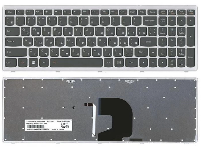 Клавиатура для ноутбука Lenovo IdeaPad P500, Z500, Z500A, Z500G, Z500T Черная, серая рамка, с подсветкой