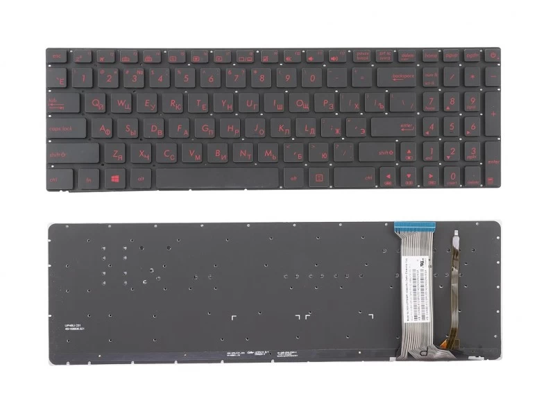 Клавиатура для ноутбука Asus G551, G771, GL552, GL752, N551, N552, N751 Черная, без рамки, красная подсветка