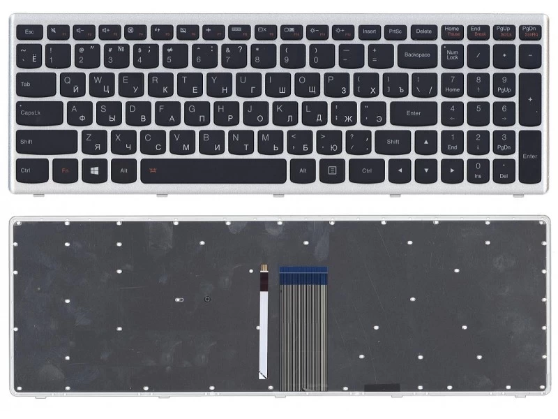 Клавиатура для ноутбука Lenovo IdeaPad U510, Z710 Чёрная, с серебристой рамкой, с подсветкой