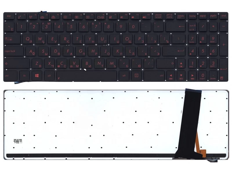 Клавиатура для ноутбука Asus G56J, N550J, N56D, N56J, N56V, N750J, N76V, Q550L, R500V, R505, ZenBook U500V Чёрная, без рамки, с красной подсветкой