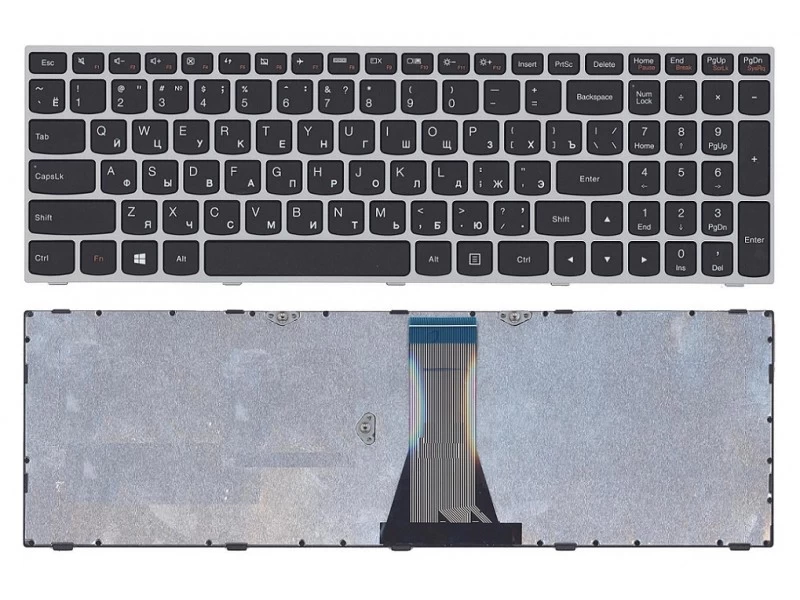 Клавиатура для ноутбука Lenovo Flex 2-15D, IdeaPad 300-15IBR, 300-15ISK, 300-17ISK, B50-45, G50-30, G50-45, G50-70, G50-75, G50-80, G70-80, S500, Z50-70, Z50-75, Z70-80 Черная, с серой рамкой